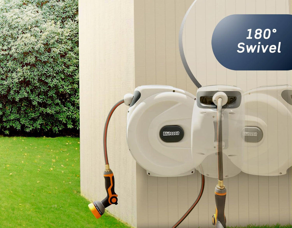 Blütezeit Retractable Garden Hose Reel, 1/2'' x 65ft Hose Reel Wall-Mount with 10-Function Spray Nozzle, Any Length Lock | 180° Swivel | Automatic Slow Rewind | Heavy Duty