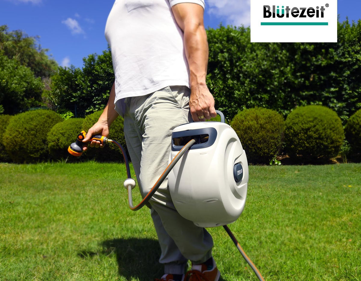 Blütezeit Retractable Garden Hose Reel, 1/2'' x 65ft Hose Reel Wall-Mount with 10-Function Spray Nozzle, Any Length Lock | 180° Swivel | Automatic Slow Rewind | Heavy Duty