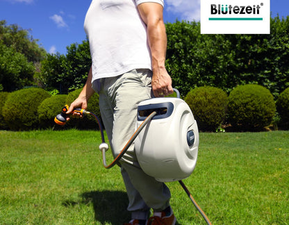 Blütezeit Retractable Garden Hose Reel, 1/2'' x 65ft Hose Reel Wall-Mount with 10-Function Spray Nozzle, Any Length Lock | 180° Swivel | Automatic Slow Rewind | Heavy Duty