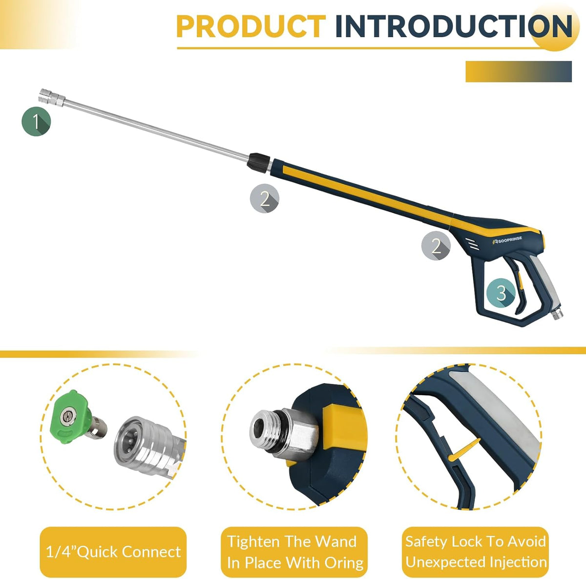 High Pressure Washer Gun with Replacement Wand Extension, Power Washer Gun, M22-14 Fitting, 5 Nozzle Tips, 42 Inch, 4000 PSI