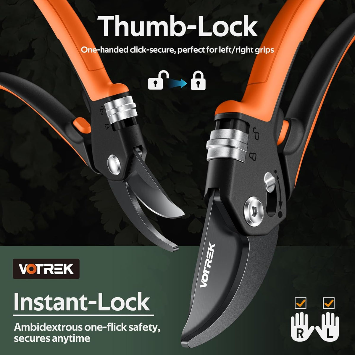 Pruning Shears, Patented Stepless Handle Opening for All Hand Size