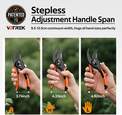 Pruning Shears, Patented Stepless Handle Opening for All Hand Size