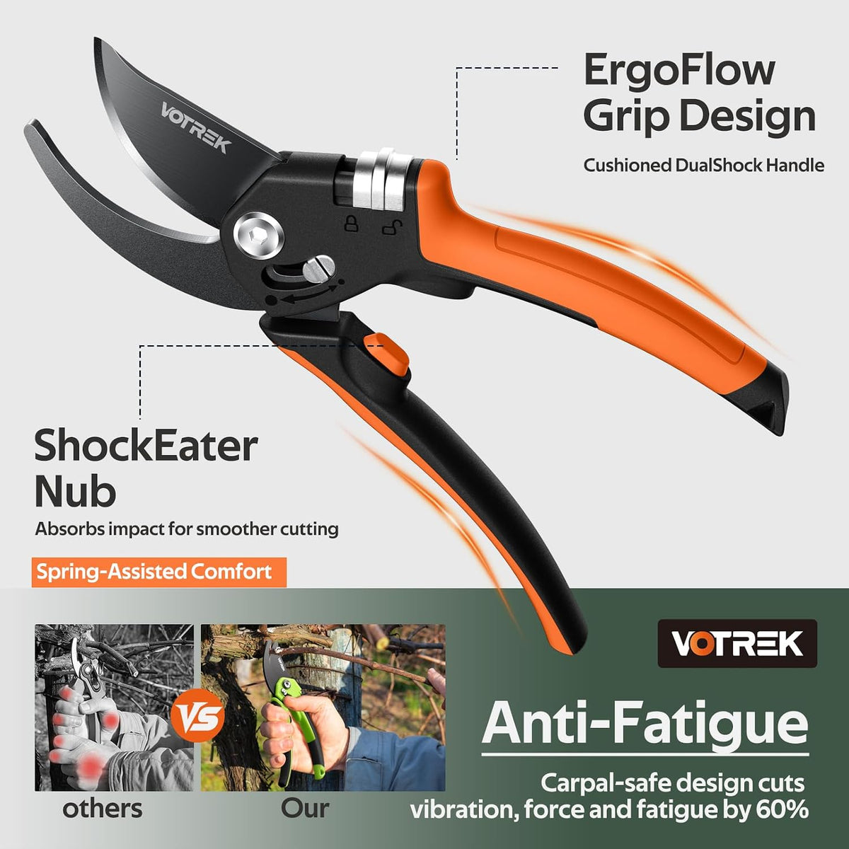 Pruning Shears, Patented Stepless Handle Opening for All Hand Size