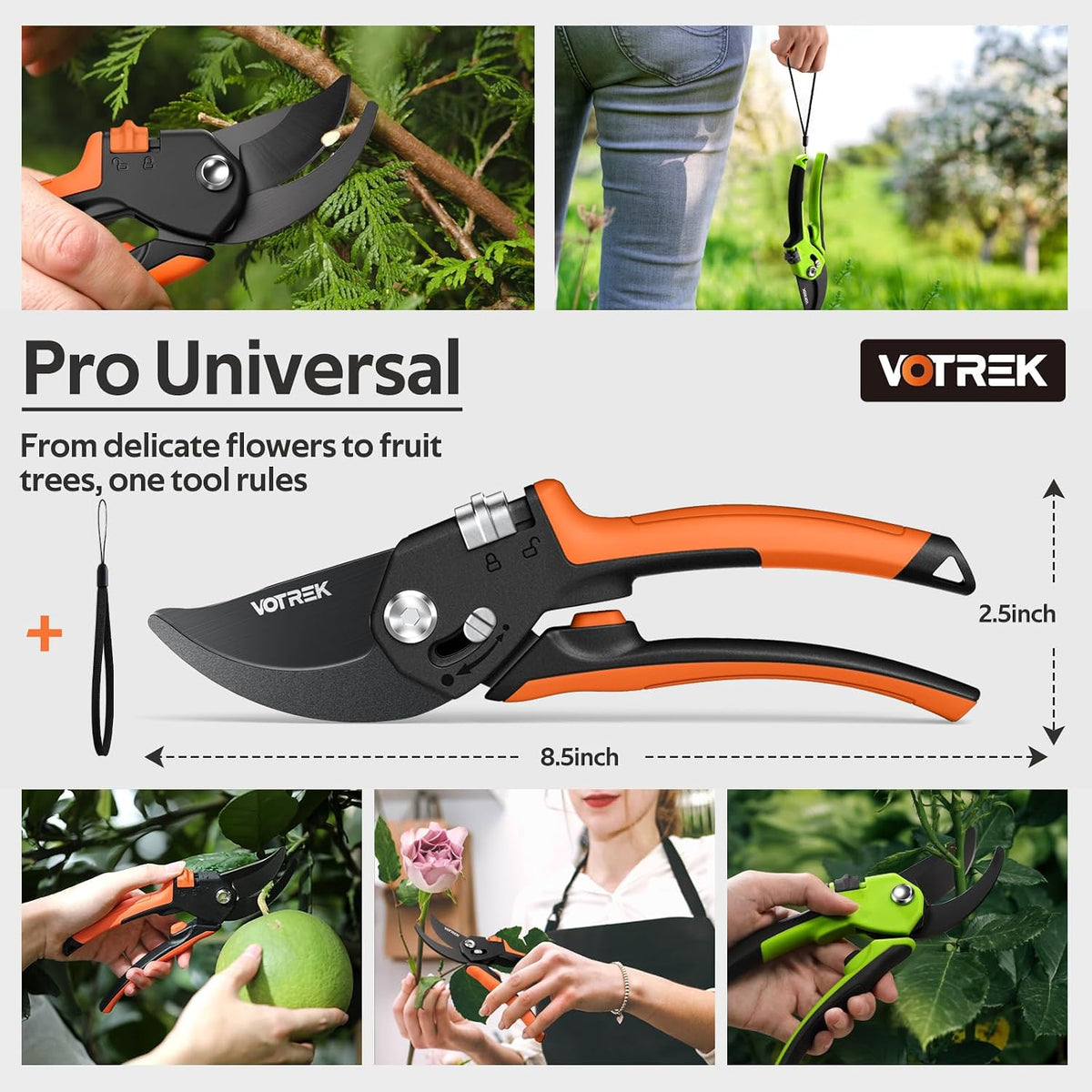 Pruning Shears, Patented Stepless Handle Opening for All Hand Size