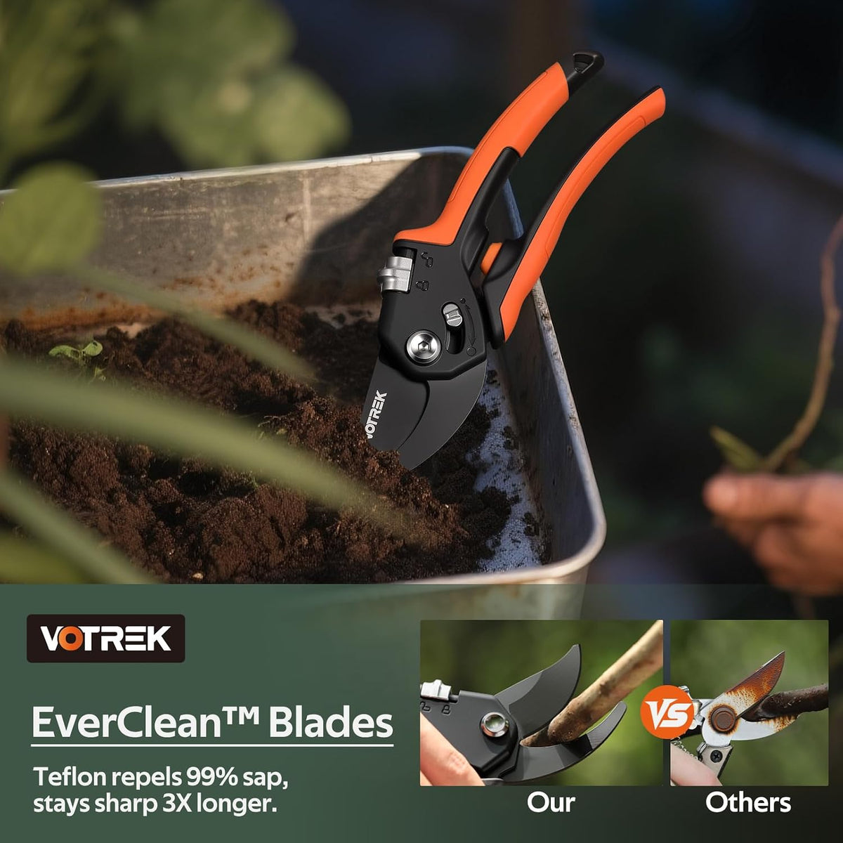 Pruning Shears, Patented Stepless Handle Opening for All Hand Size