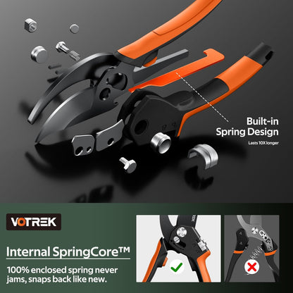 Pruning Shears, Patented Stepless Handle Opening for All Hand Size