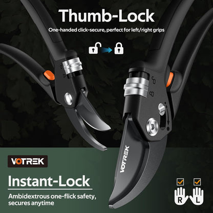Pruning Shears, Patented Stepless Handle Opening for All Hand Size