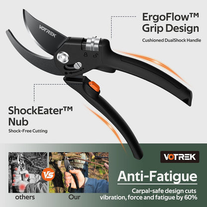 Pruning Shears, Patented Stepless Handle Opening for All Hand Size