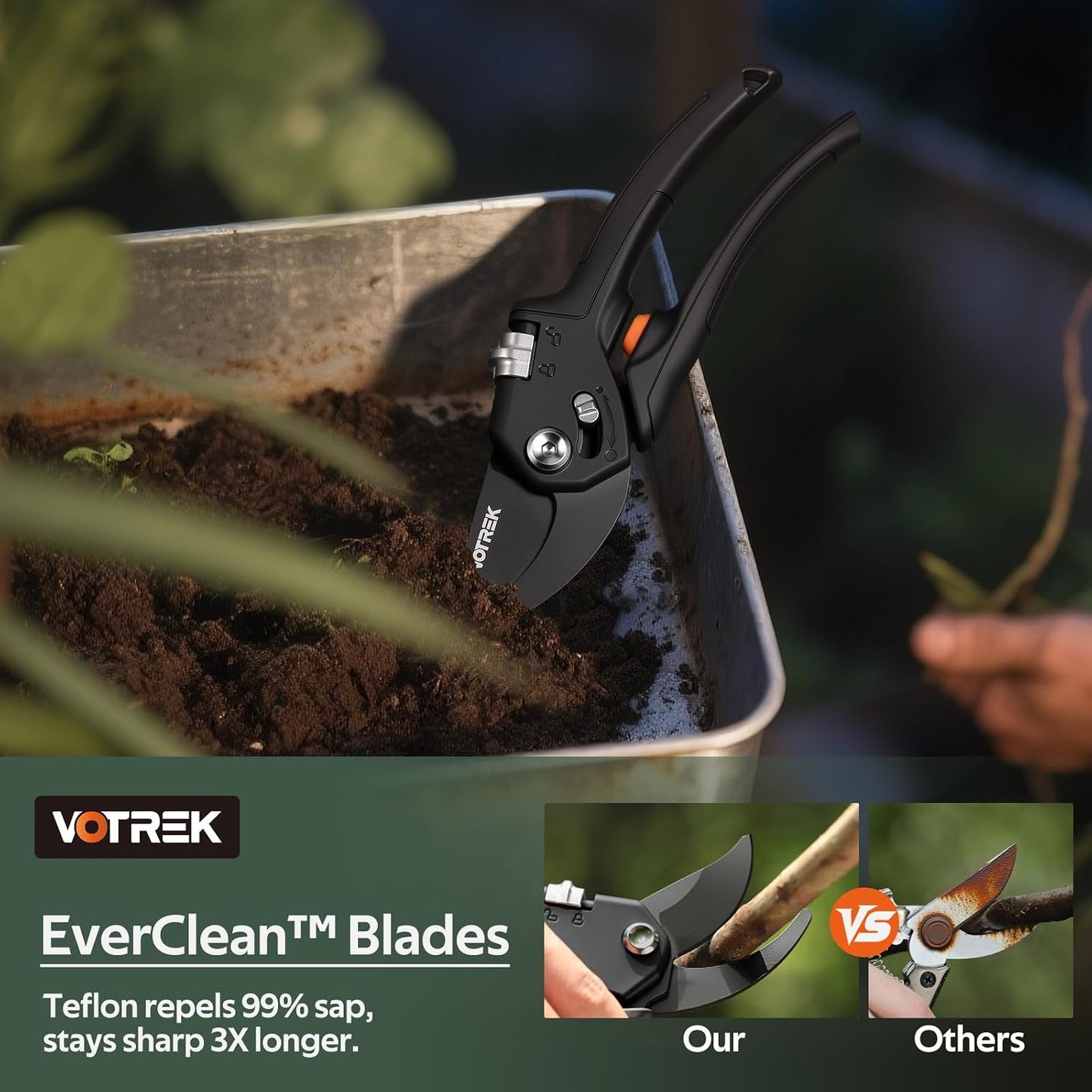 Pruning Shears, Patented Stepless Handle Opening for All Hand Size