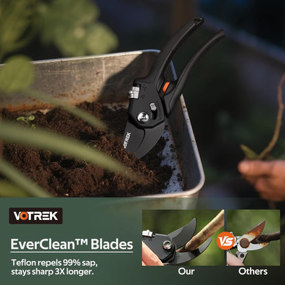Pruning Shears, Patented Stepless Handle Opening for All Hand Size