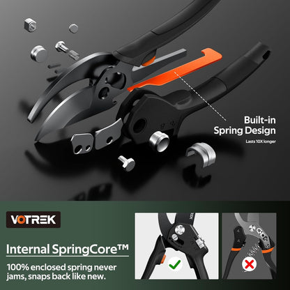 Pruning Shears, Patented Stepless Handle Opening for All Hand Size
