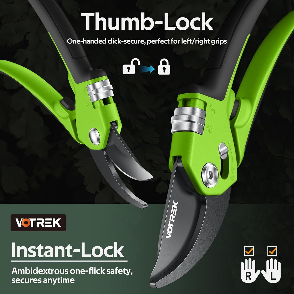 Pruning Shears, Patented Stepless Handle Opening for All Hand Size