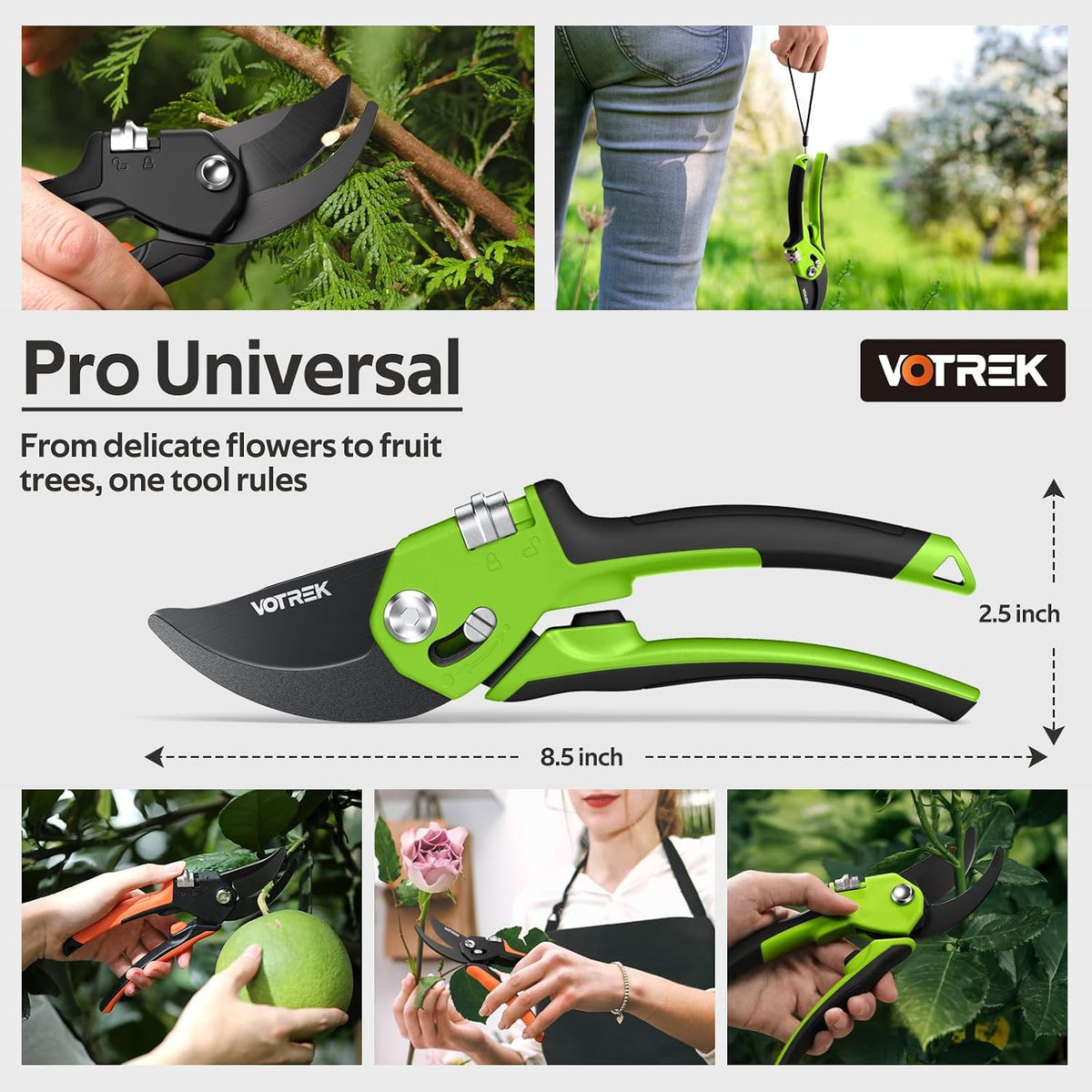 Pruning Shears, Patented Stepless Handle Opening for All Hand Size