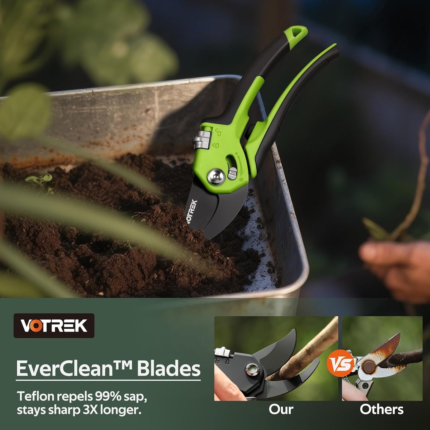 Pruning Shears, Patented Stepless Handle Opening for All Hand Size