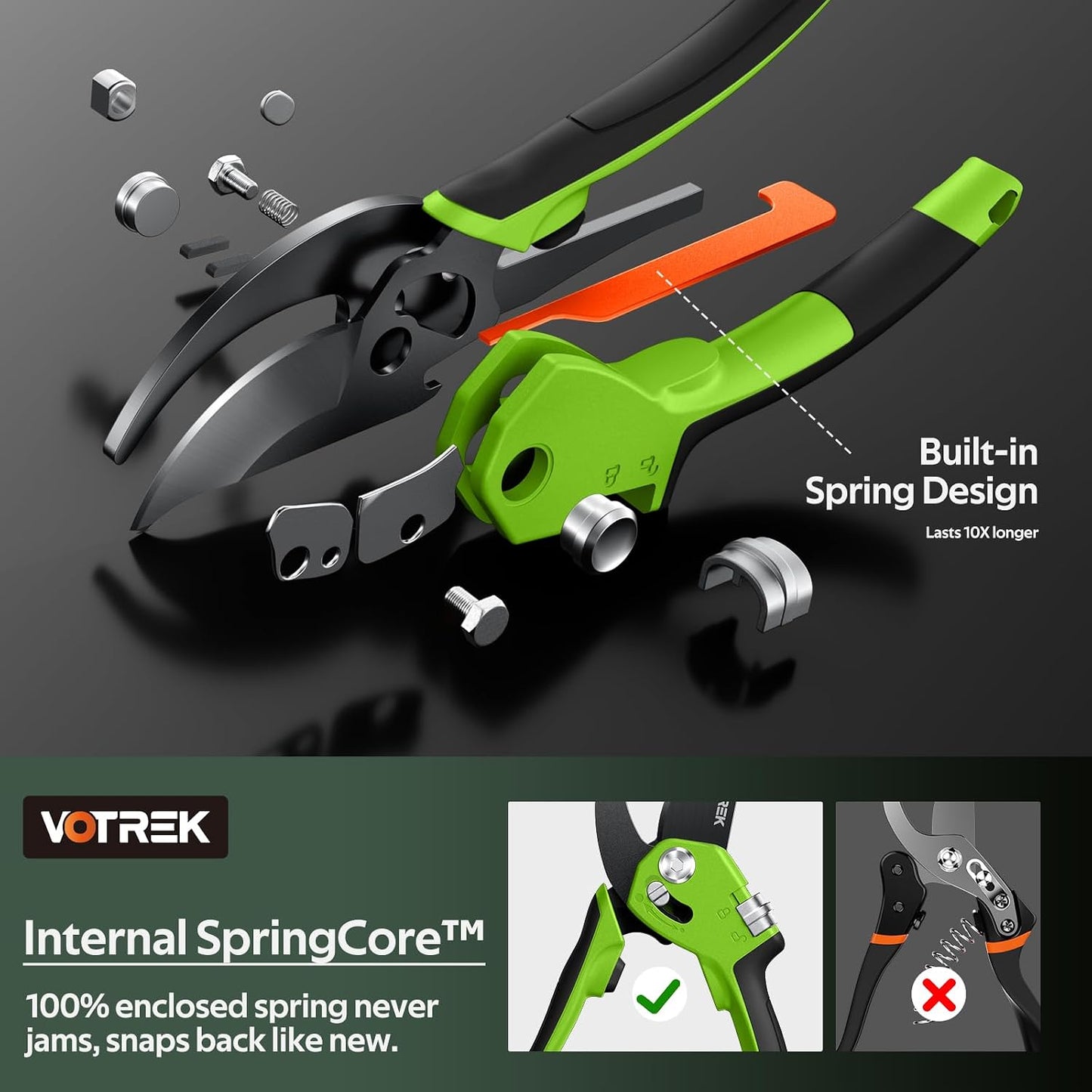 Pruning Shears, Patented Stepless Handle Opening for All Hand Size