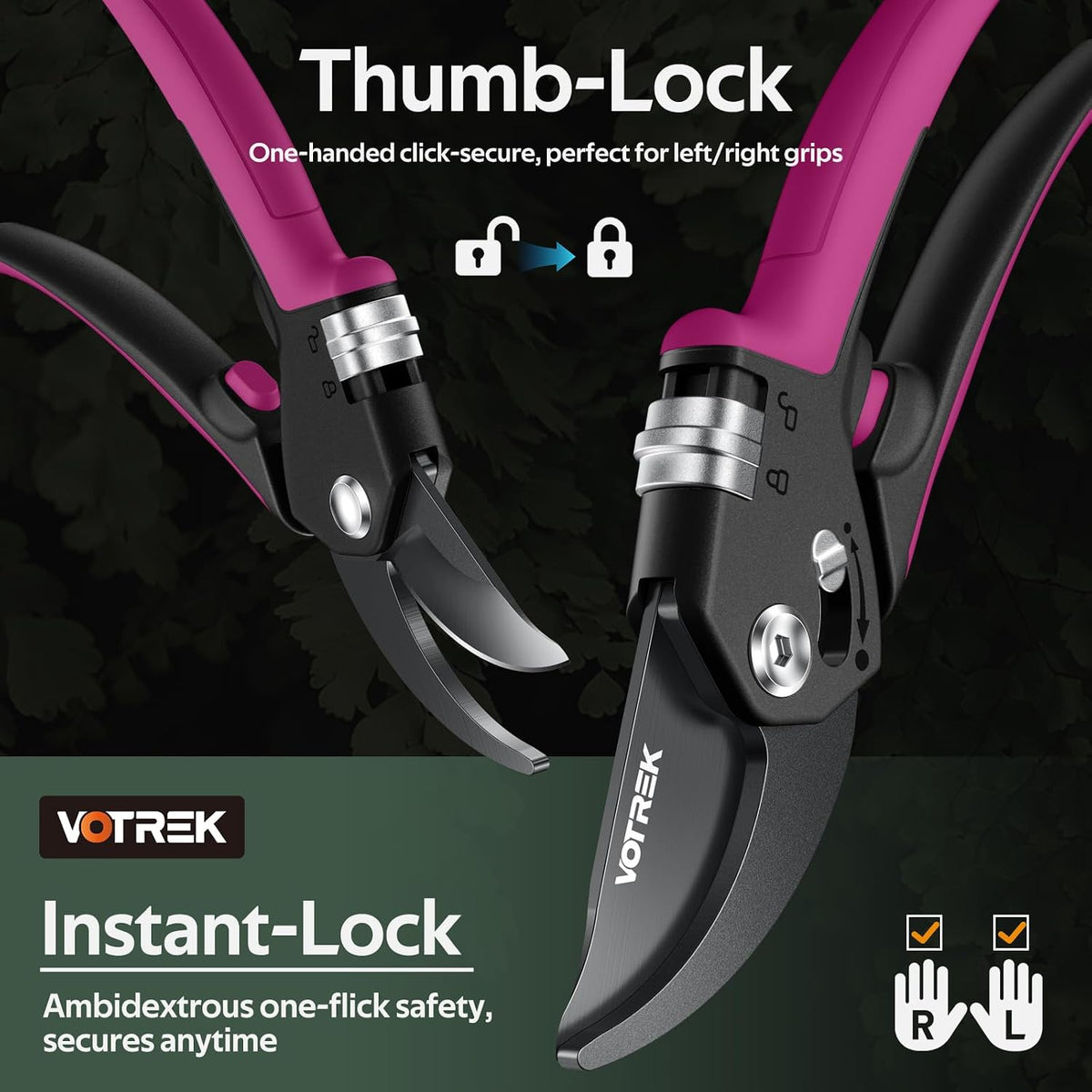 Pruning Shears, Patented Stepless Handle Opening for All Hand Size