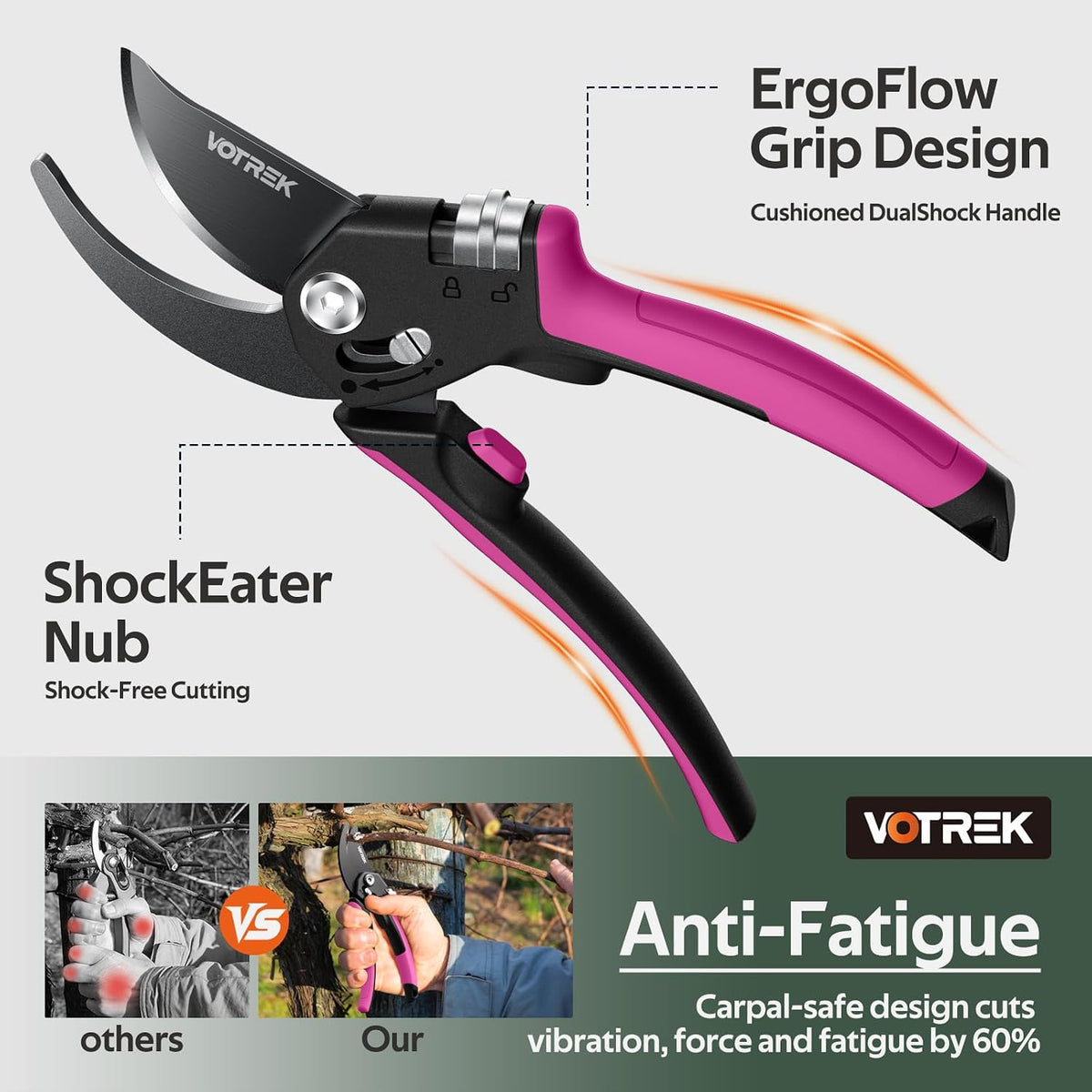 Pruning Shears, Patented Stepless Handle Opening for All Hand Size