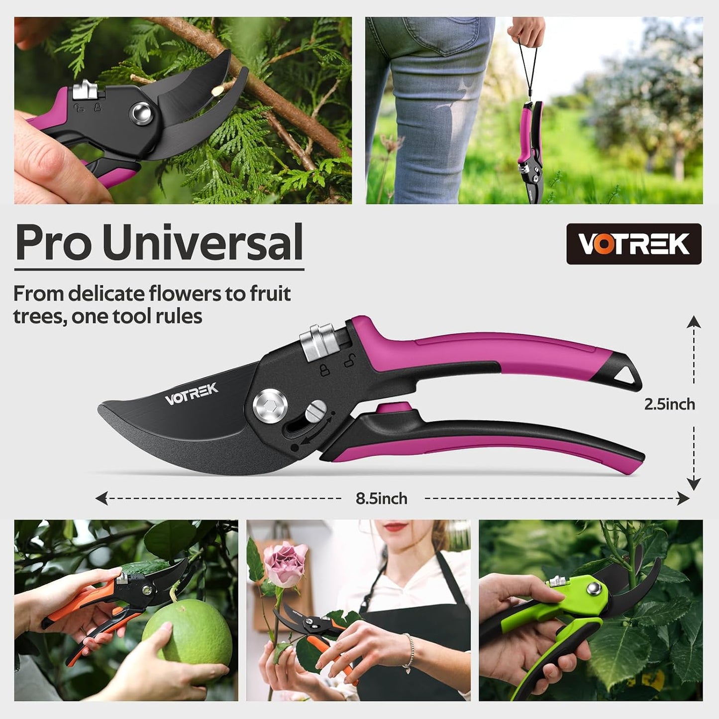 Pruning Shears, Patented Stepless Handle Opening for All Hand Size