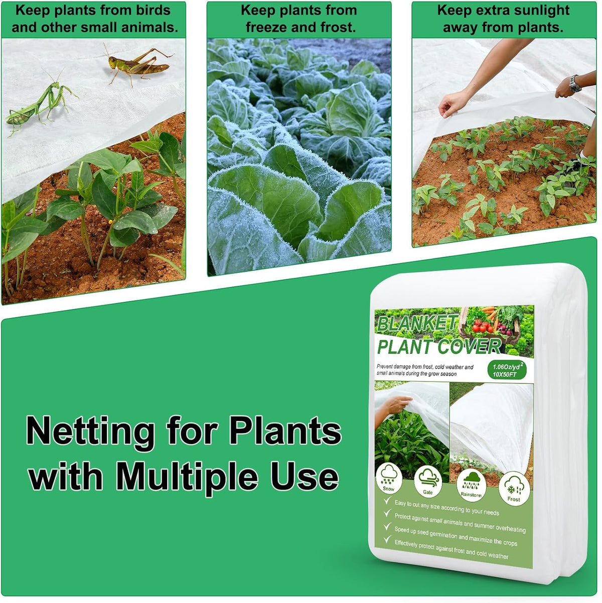 Plant Covers Freeze Protection 10FT×50FT, 1.06 oz/yd² Floating Row Covers for Garden Beds Pest/Sun Protection, Frost Cloths for Outdoor Plants for Vegetables Flowers Fruits Winter Protection