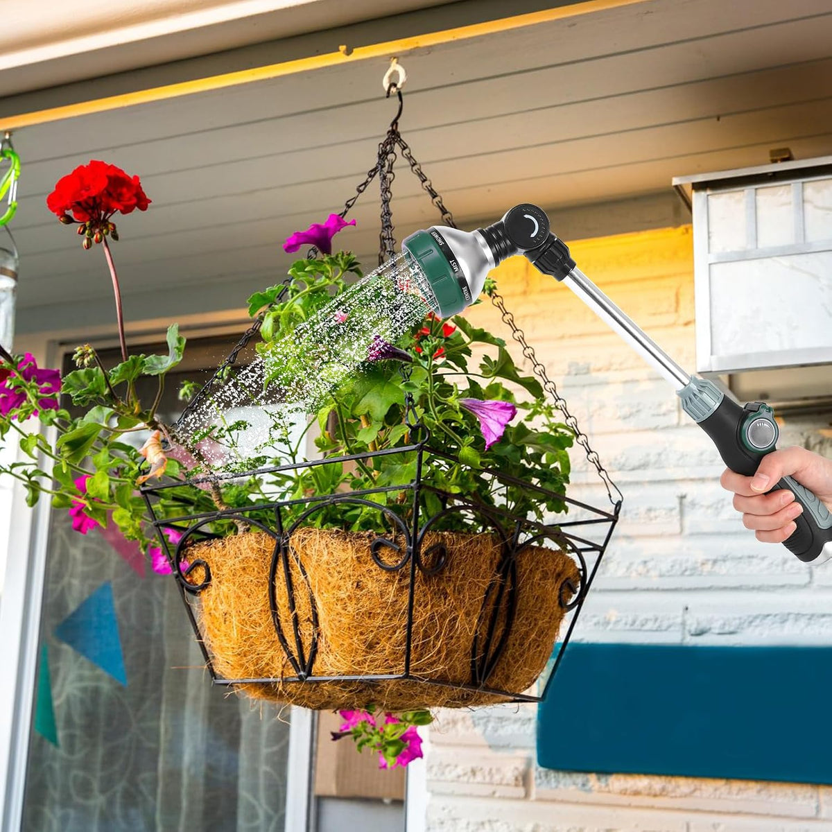 Watering Wand for Garden Hose, 17.5 Inch, 8 Spray Patterns, Garden Hose Nozzle with Thumb Flow Control, Adjustable Water Sprayer with Pivoting Head, Ideal for Hanging Baskets and Shrubs