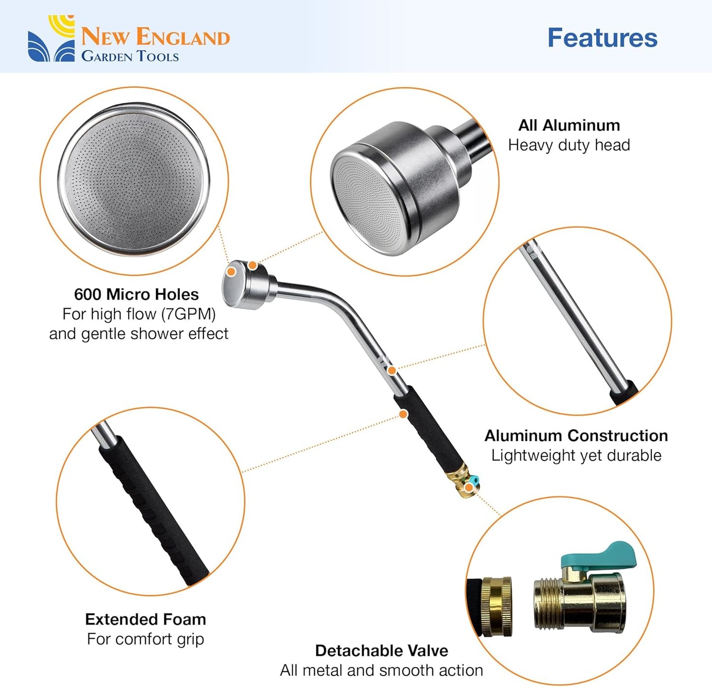 30 Inch Soft Rain Watering Wand 600003, Gentle Shower Spray, Heavy Duty Lightweight Metal Build, Comfort Grip, Flow Control Shut Off Valve, for Plants, Yards, Cars & Pets