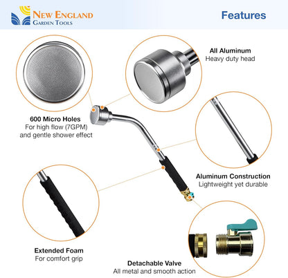 30 Inch Soft Rain Watering Wand 600003, Gentle Shower Spray, Heavy Duty Lightweight Metal Build, Comfort Grip, Flow Control Shut Off Valve, for Plants, Yards, Cars & Pets