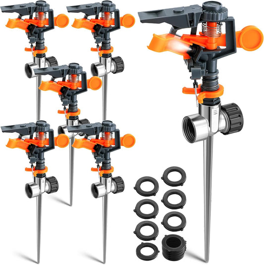 6 Pack Pulsating Sprinklers with Metal Spike, 360° Adjustable Rotating Impact Sprinkler Large Area Coverage Sprinklers for Yard Lawn Garden Above Ground Sprinkler System (Black and Orange)