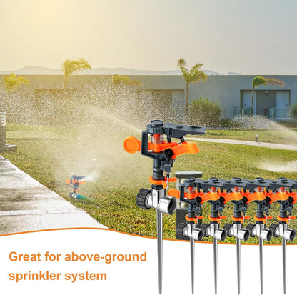 6 Pack Pulsating Sprinklers with Metal Spike, 360° Adjustable Rotating Impact Sprinkler Large Area Coverage Sprinklers for Yard Lawn Garden Above Ground Sprinkler System (Black and Orange)