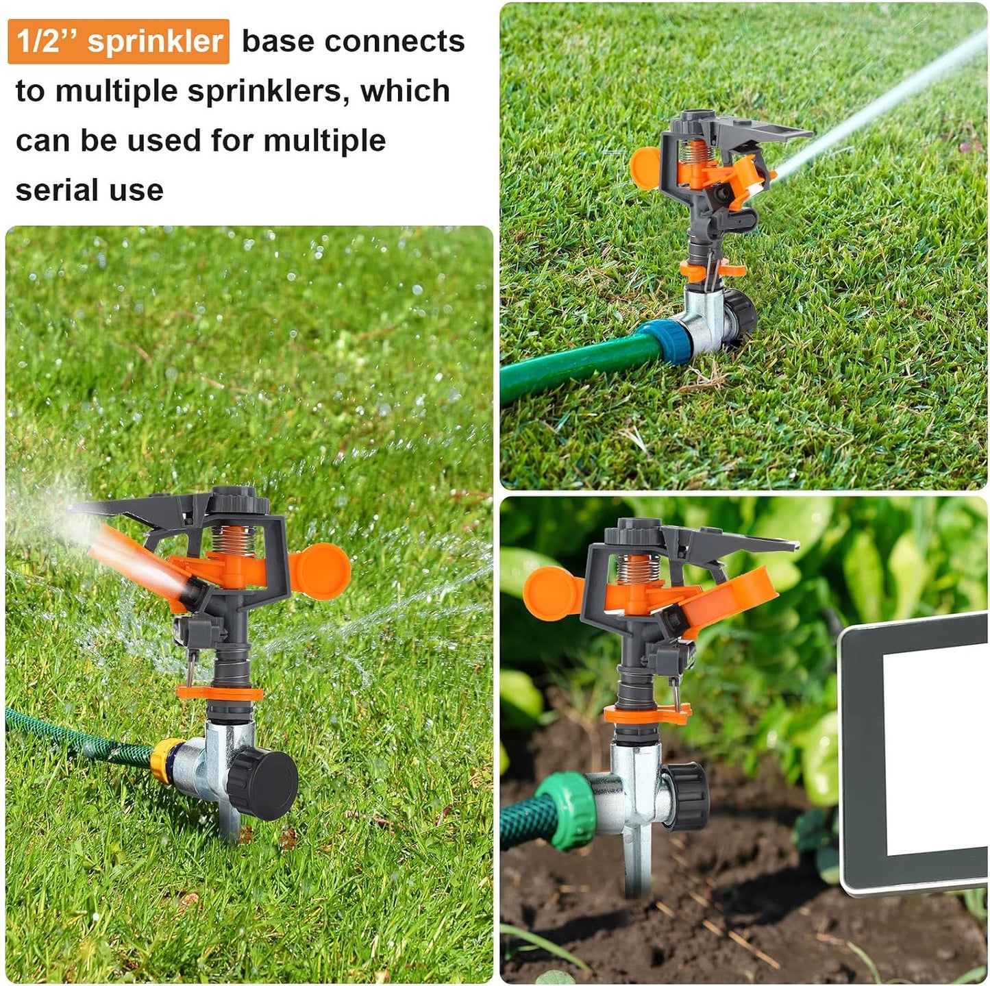 6 Pack Pulsating Sprinklers with Metal Spike, 360° Adjustable Rotating Impact Sprinkler Large Area Coverage Sprinklers for Yard Lawn Garden Above Ground Sprinkler System (Black and Orange)