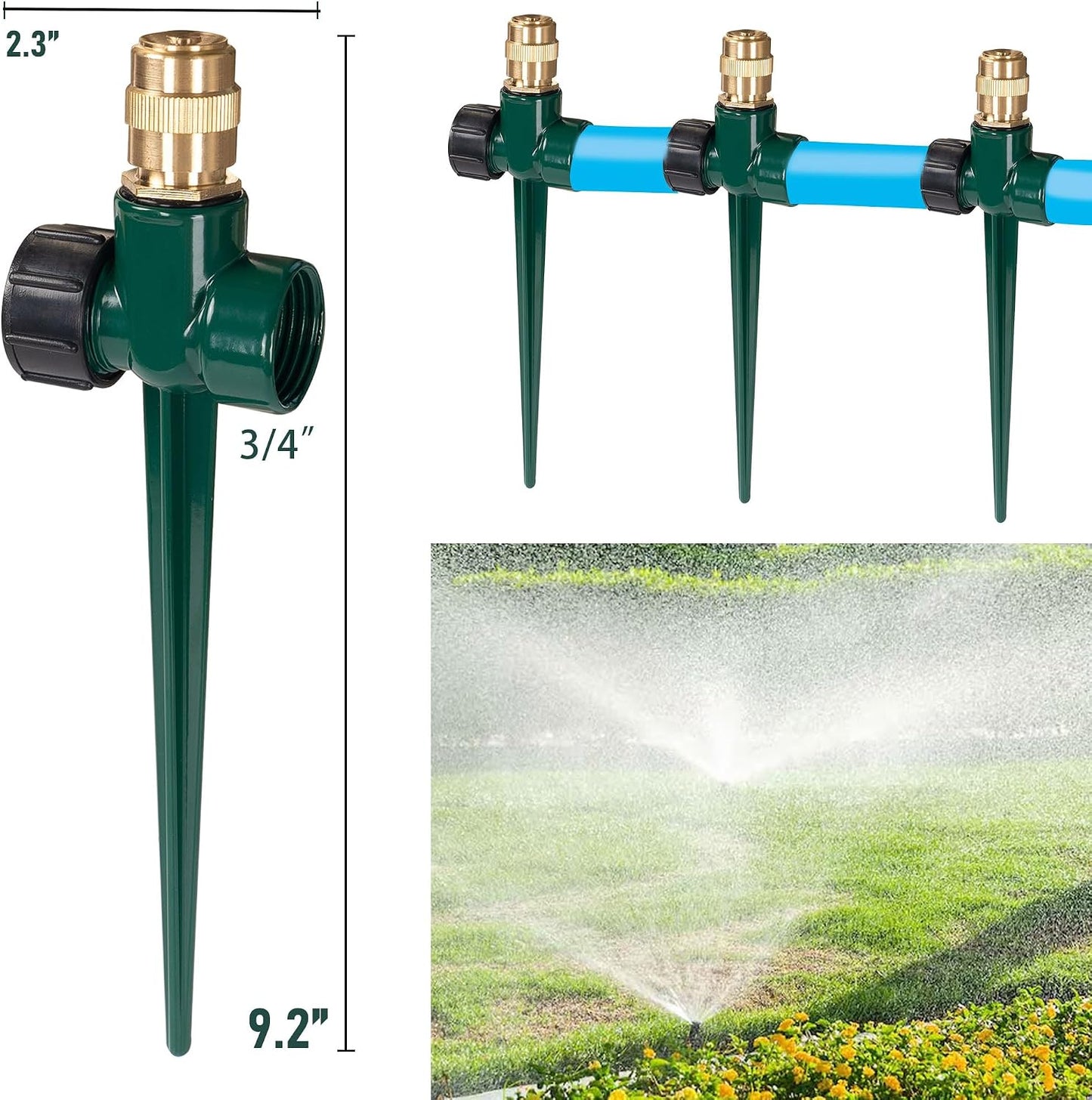 2 Pack Metal Lawn Sprinkler for Yard, Automatic Brass Garden Water Sprinklers on Spike Base, Adjustable 360 Degree Sprinkler Nozzle for Large Area Coverage Grass Patio Irrigation