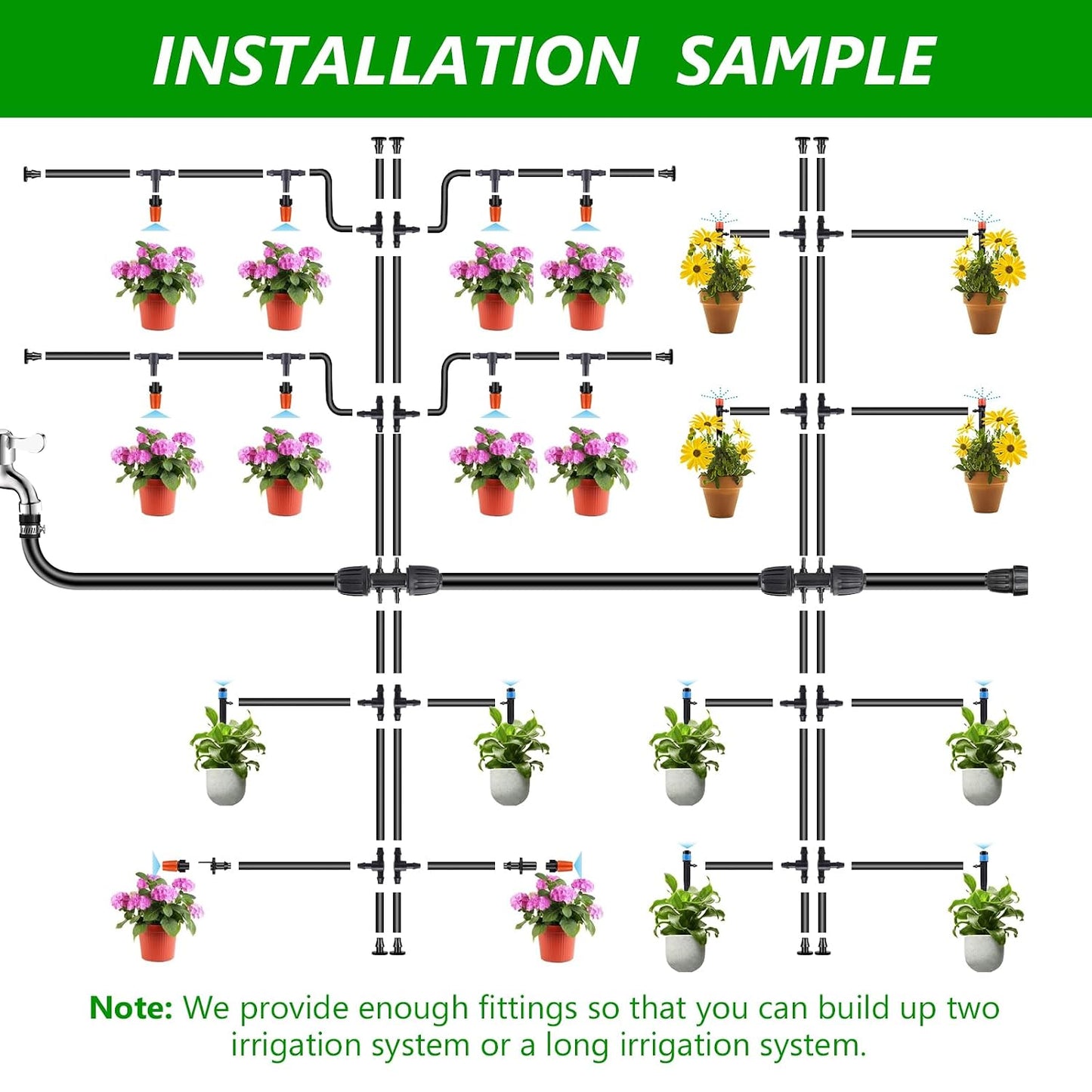 256FT Automatic Drip Irrigation System Kit,Automatic Garden Watering Misting System for Greenhouse, Yard, Plant ，Lawn with 1/2 inch Hose 1/4 inch Distribution Tubing and Accessories