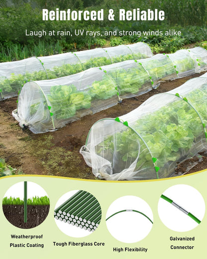 60 Pcs Garden Hoops for Raised Beds, 10 Sets of 8 ft Long Greenhouse Hoops Grow Tunnels, Rustproof Fiberglass Support Hoops Frame for Row Cover Garden Netting, DIY Plant Support Garden Stakes