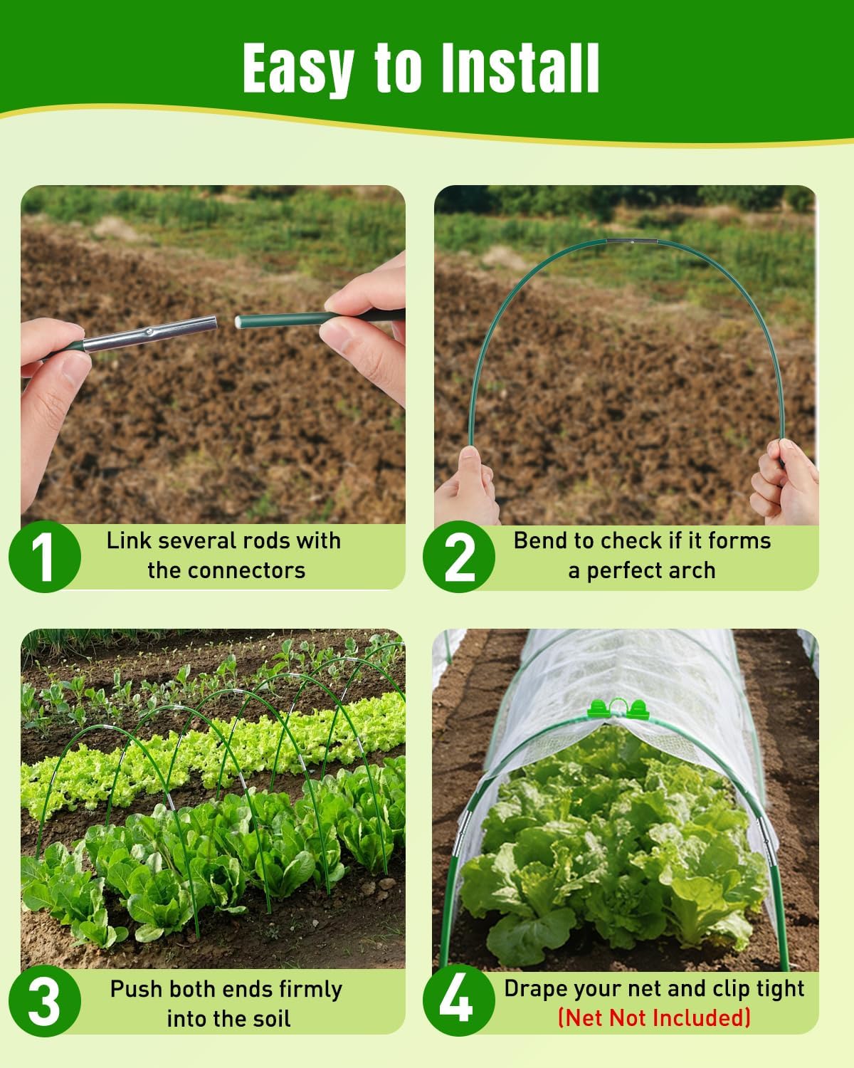 60 Pcs Garden Hoops for Raised Beds, 10 Sets of 8 ft Long Greenhouse Hoops Grow Tunnels, Rustproof Fiberglass Support Hoops Frame for Row Cover Garden Netting, DIY Plant Support Garden Stakes