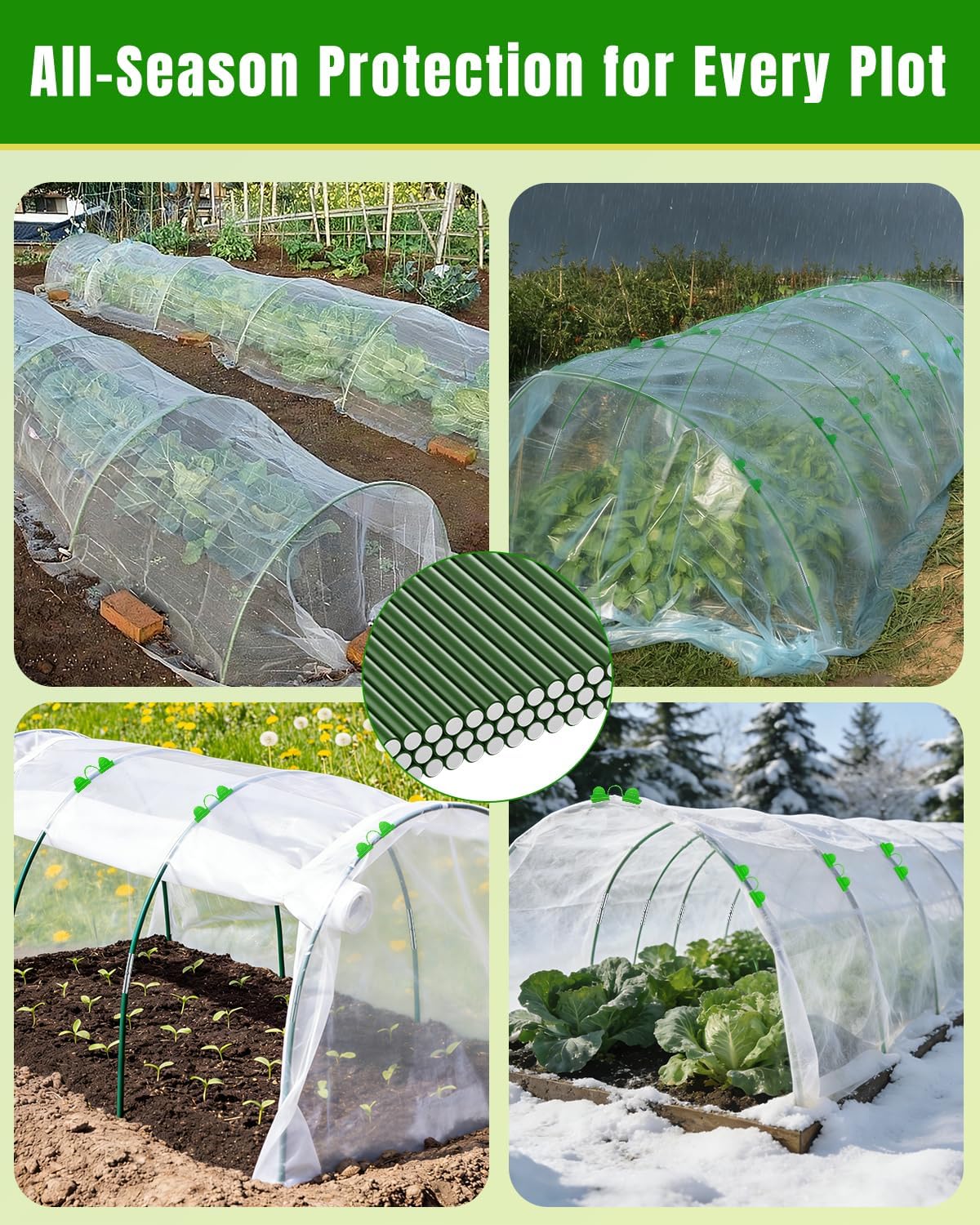 60 Pcs Garden Hoops for Raised Beds, 10 Sets of 8 ft Long Greenhouse Hoops Grow Tunnels, Rustproof Fiberglass Support Hoops Frame for Row Cover Garden Netting, DIY Plant Support Garden Stakes
