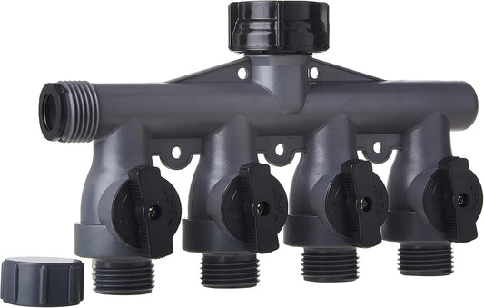 Heavy Duty 4 Way Garden Hose Splitter, Quad Water Hose Splitter with Shut Off Valve, Polymer Water Manifold