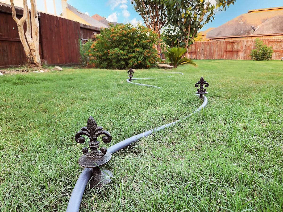 Antique Black Cast Iron Garden Fleur de lis Hose Guides, Set of 3. Strong and Decorative Hose Guide that Protects Your Plants and Provides Elegance to Your Garden