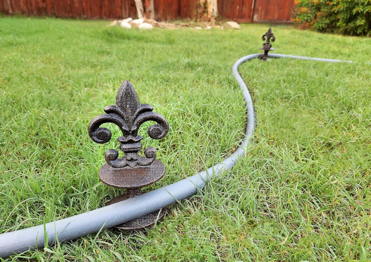 Antique Black Cast Iron Garden Fleur de lis Hose Guides, Set of 3. Strong and Decorative Hose Guide that Protects Your Plants and Provides Elegance to Your Garden