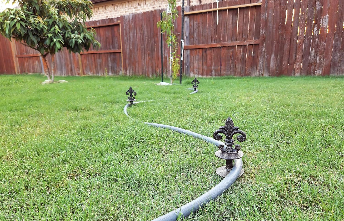 Antique Black Cast Iron Garden Fleur de lis Hose Guides, Set of 3. Strong and Decorative Hose Guide that Protects Your Plants and Provides Elegance to Your Garden