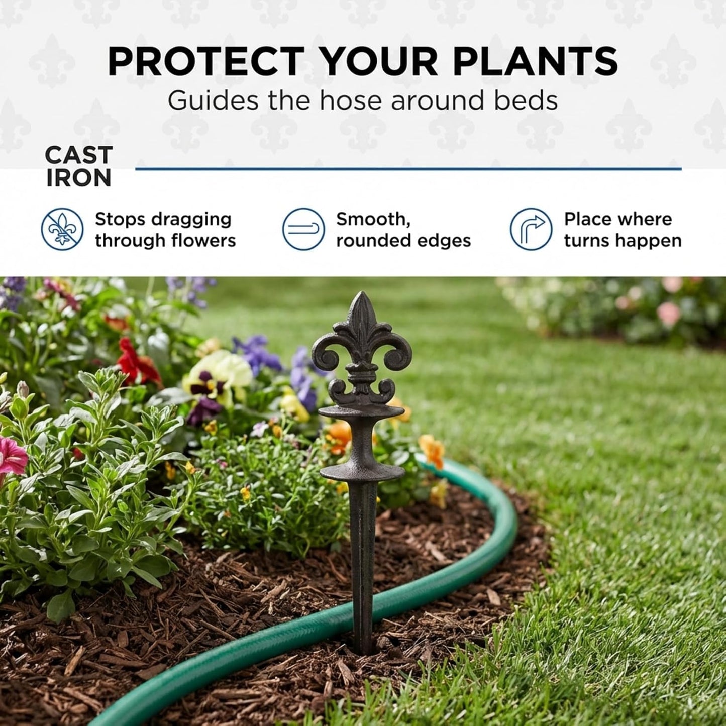 Antique Black Cast Iron Garden Fleur de lis Hose Guides, Set of 3. Strong and Decorative Hose Guide that Protects Your Plants and Provides Elegance to Your Garden