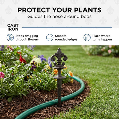Antique Black Cast Iron Garden Fleur de lis Hose Guides, Set of 3. Strong and Decorative Hose Guide that Protects Your Plants and Provides Elegance to Your Garden