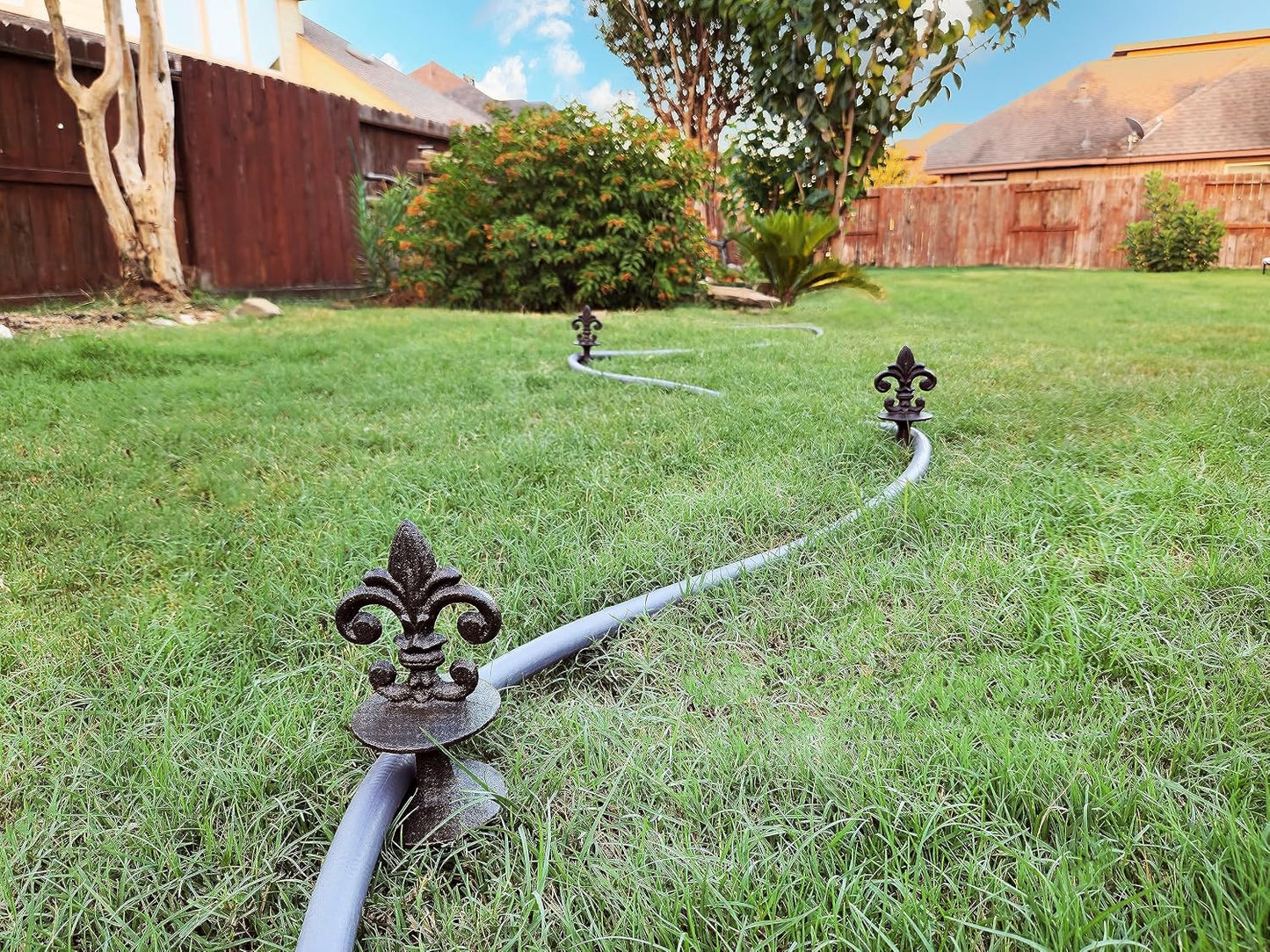 Antique Black Cast Iron Garden Fleur de lis Hose Guides, Set of 3. Strong and Decorative Hose Guide that Protects Your Plants and Provides Elegance to Your Garden