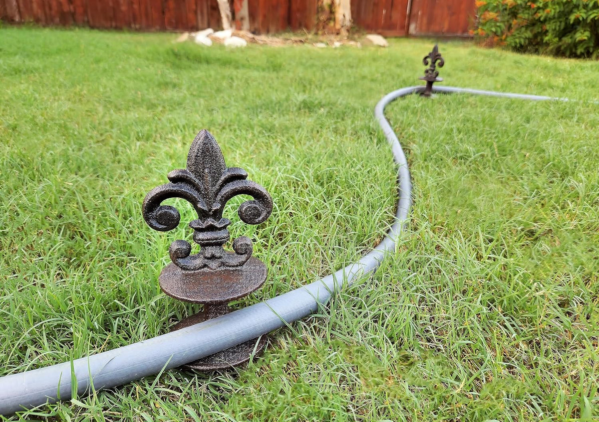 Antique Black Cast Iron Garden Fleur de lis Hose Guides, Set of 3. Strong and Decorative Hose Guide that Protects Your Plants and Provides Elegance to Your Garden