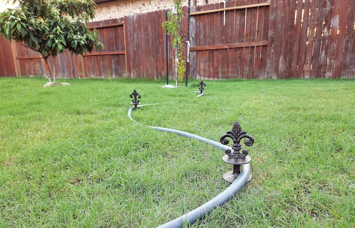 Antique Black Cast Iron Garden Fleur de lis Hose Guides, Set of 3. Strong and Decorative Hose Guide that Protects Your Plants and Provides Elegance to Your Garden