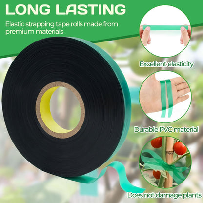 2Pcs Green Garden Tape,Total 300Ft 0.5" Plant Tape for Climbing Plants,Stretch Tie Tapes,Roll Plant Ties for Outdoor Plants,Suitable for Tomatoes Vegetables Flowers Branches Tree Support