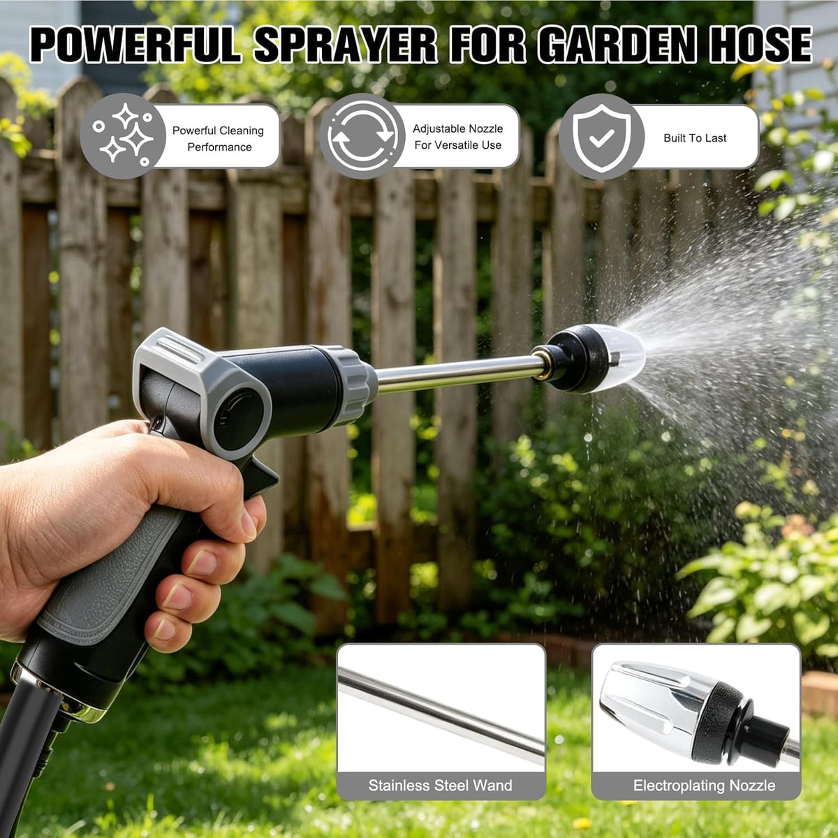 Pressure Washer Spray Nozzle, Heavy Duty Garden Hose Nozzle, Multi Function Lawn & Garden Watering Sprayer, 360° Rotating for Three Spray Modes, Effortless Dirt & Stain Removal(1 Set)