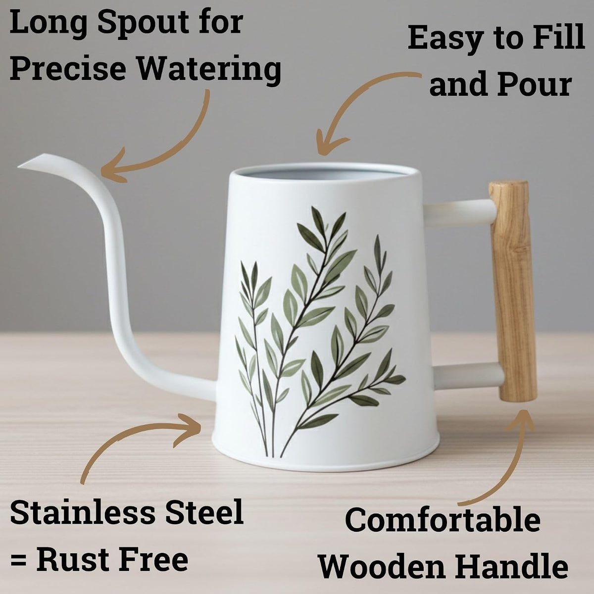 Metal Small Indoor Watering Can with Long Spout & Real Wood Handle, 35oz