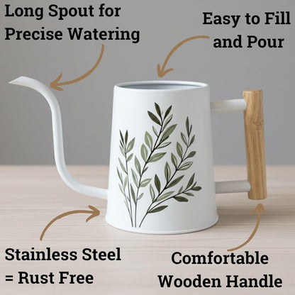 Metal Small Indoor Watering Can with Long Spout & Real Wood Handle, 35oz