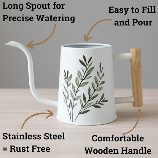 Metal Small Indoor Watering Can with Long Spout & Real Wood Handle, 35oz
