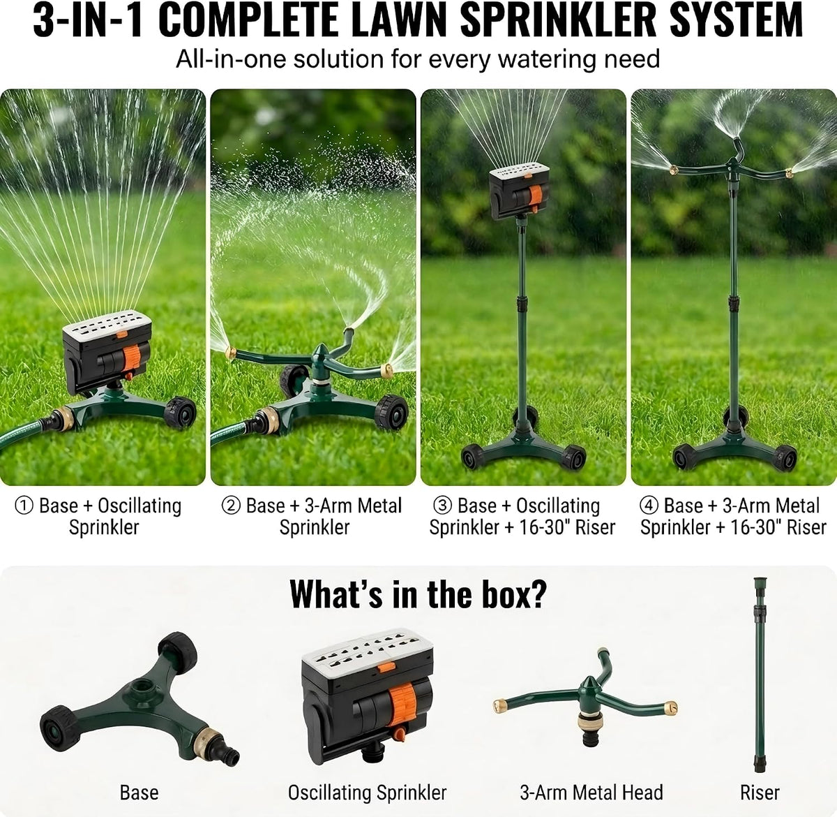 3-in-1 Lawn Sprinkler System with Adjustable 16-30" Riser