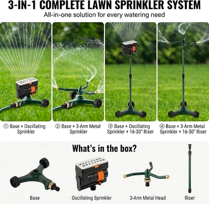 3-in-1 Lawn Sprinkler System with Adjustable 16-30" Riser